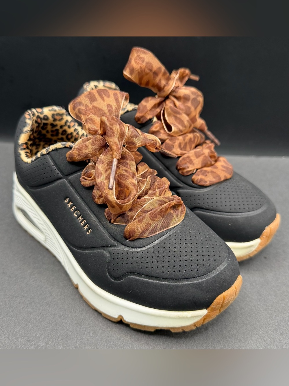 Skechers Youth Black Sneakers with Brown Leopard Ribbon Laces- Size:11